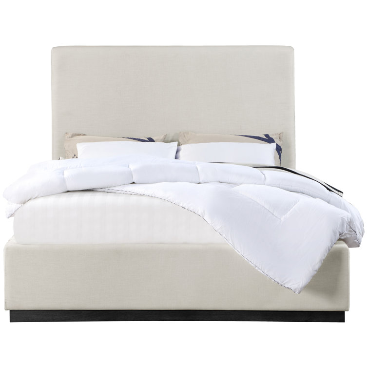 Beige Velvet Upholstered Queen Bed with Tall Headboard