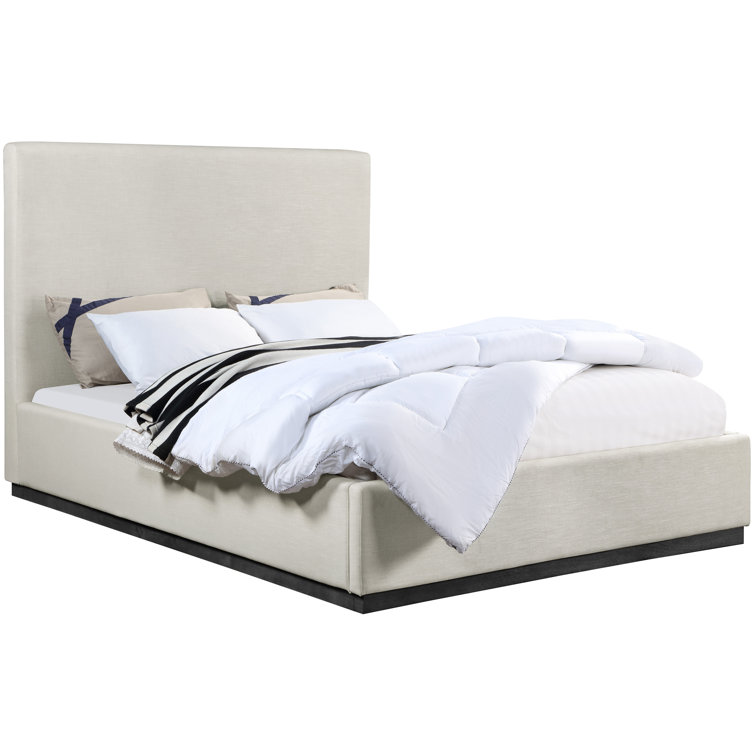 Beige Velvet Upholstered Queen Bed with Tall Headboard