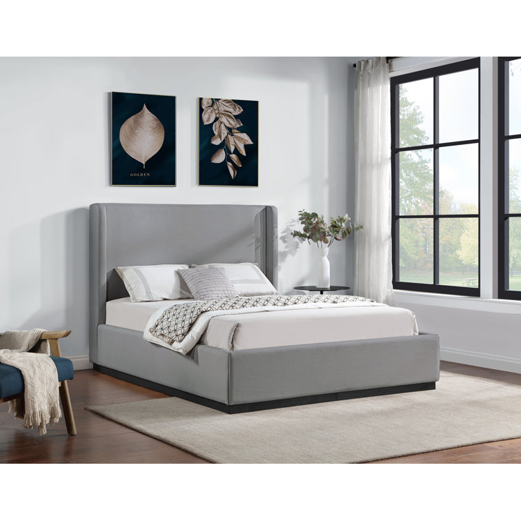 Gray Linen Upholstered Queen Bed with Tall Winged Headboard