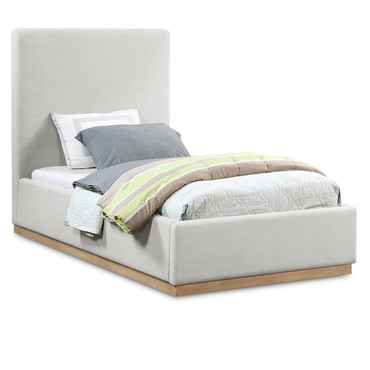 Cream Linen Twin Upholstered Panel Bed with Wood Frame