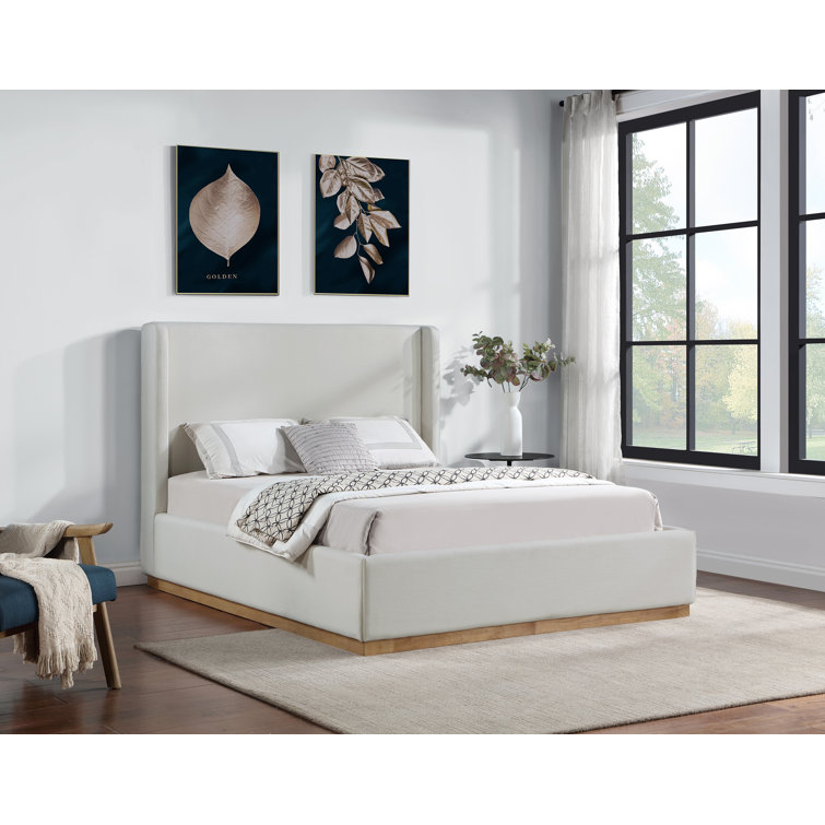 Queen Cream Linen Upholstered Wood Frame Bed with Headboard