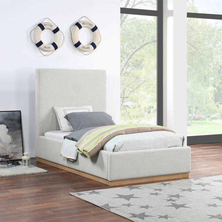 Cream Linen Twin Upholstered Panel Bed with Wood Frame