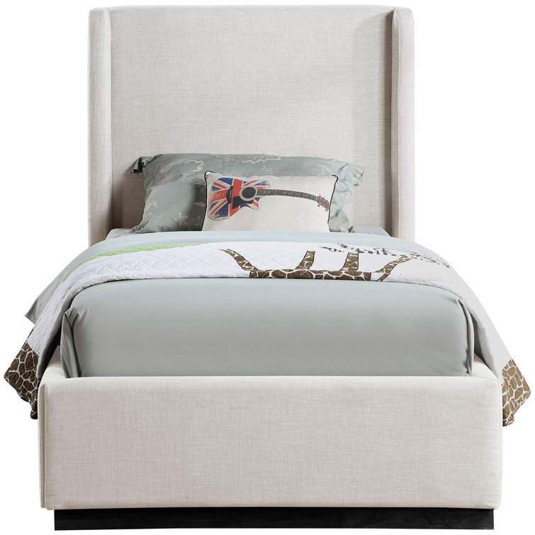 Beige Twin Linen Upholstered Wood Frame Bed with Headboard