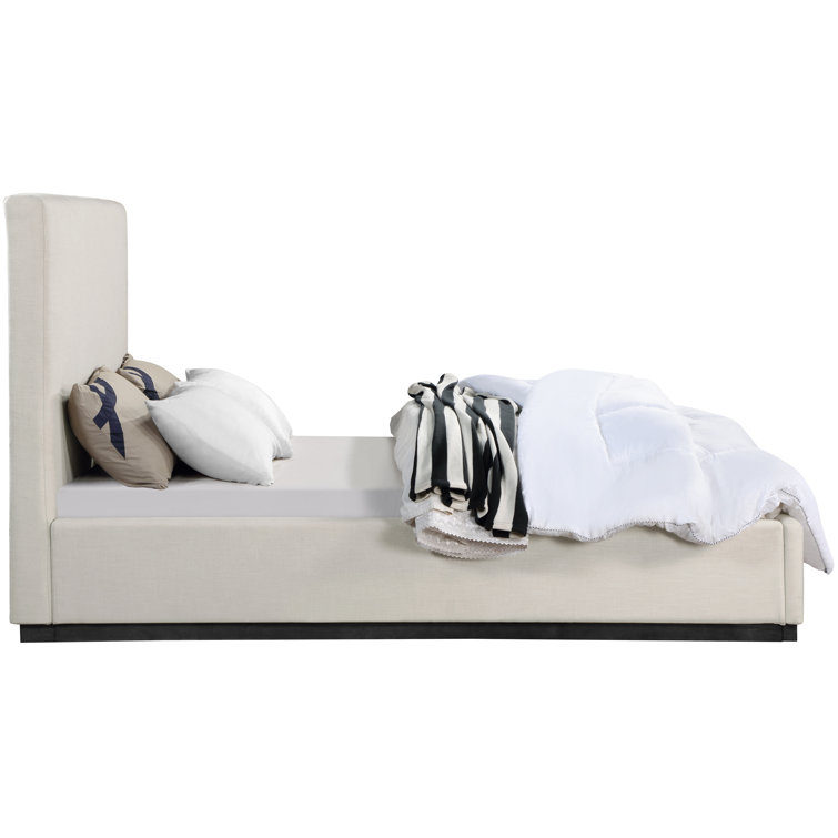 Beige Velvet Upholstered Queen Bed with Tall Headboard