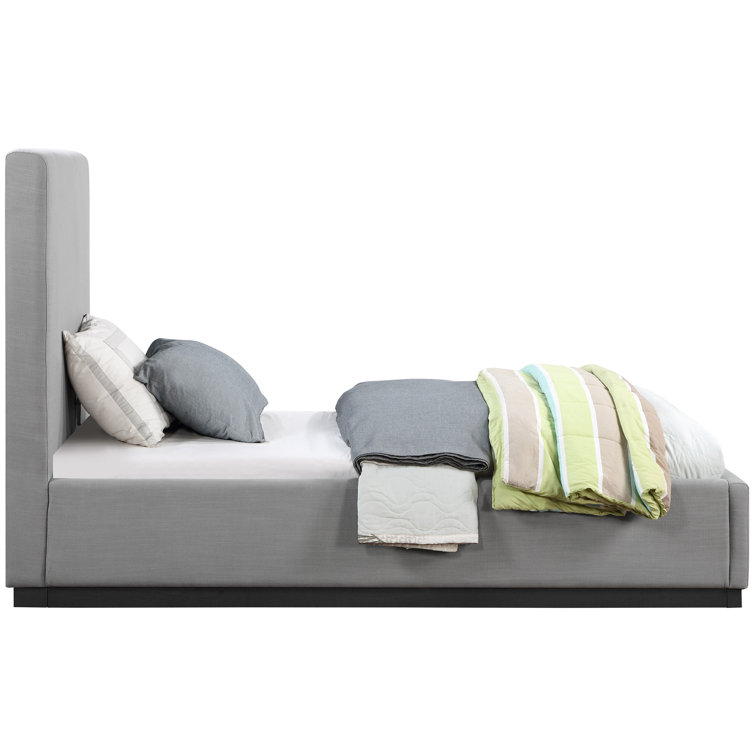 Gray Twin Upholstered Wood Frame Bed with Tall Headboard