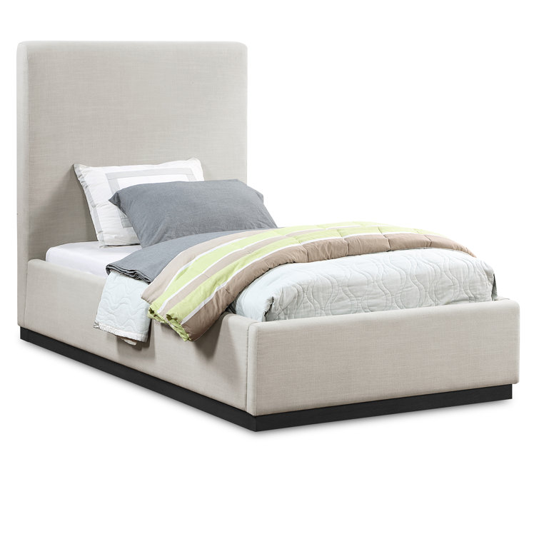 Beige Velvet Twin Upholstered Panel Bed with Headboard