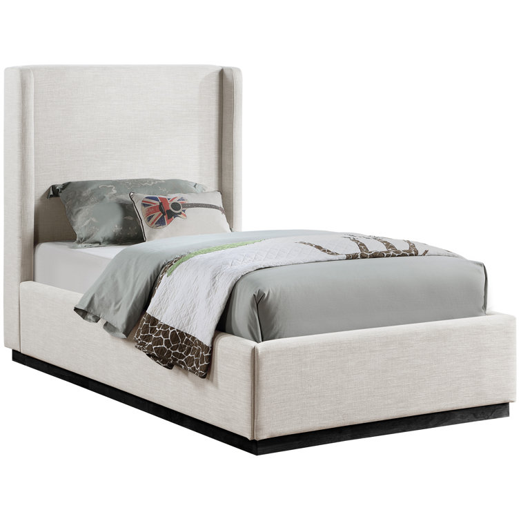 Beige Twin Linen Upholstered Wood Frame Bed with Headboard