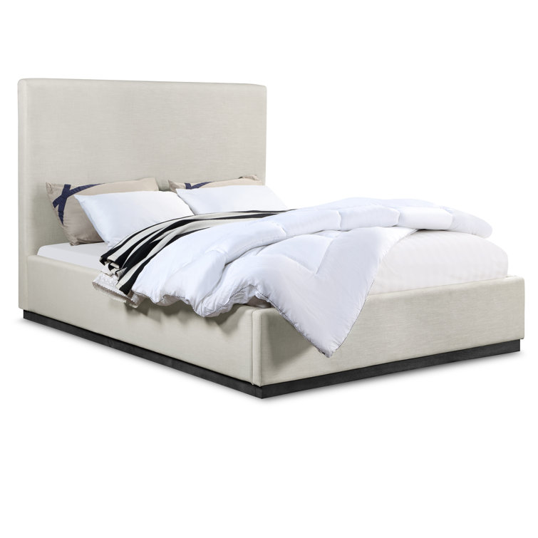 Beige Velvet Upholstered Queen Bed with Tall Headboard