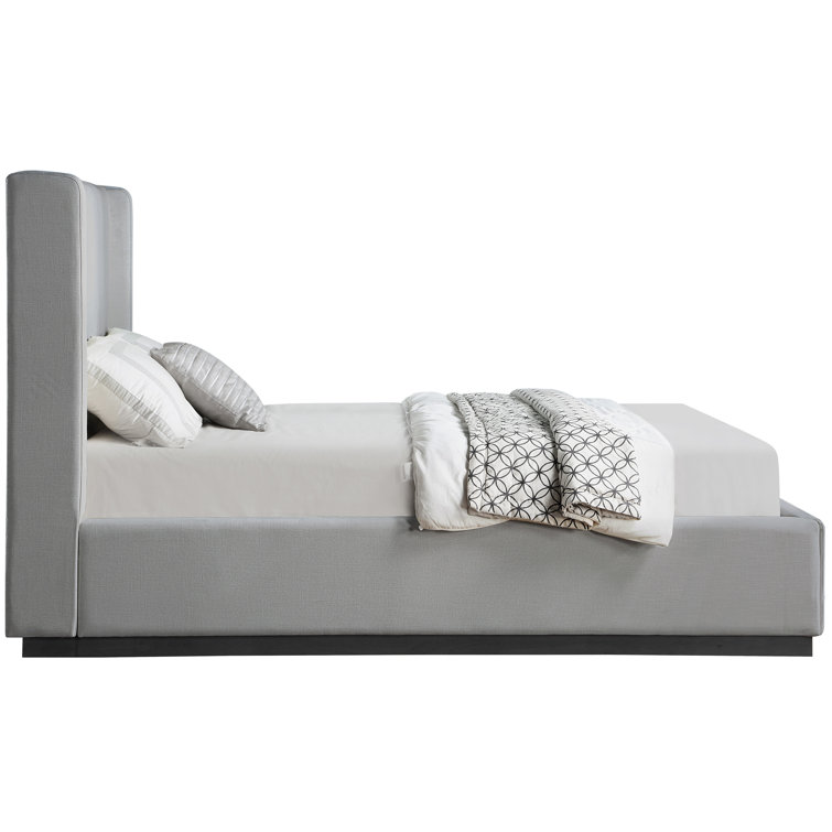 Gray Linen Upholstered Queen Bed with Tall Winged Headboard