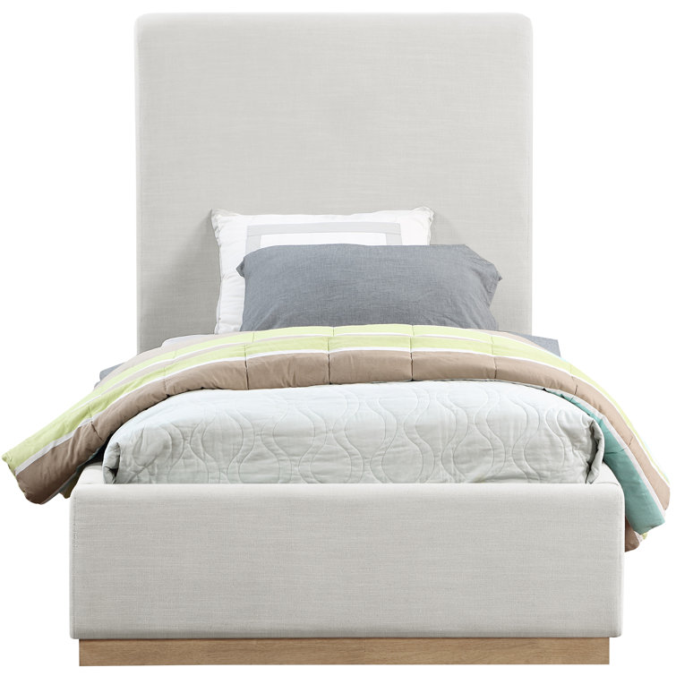 Cream Linen Twin Upholstered Panel Bed with Wood Frame