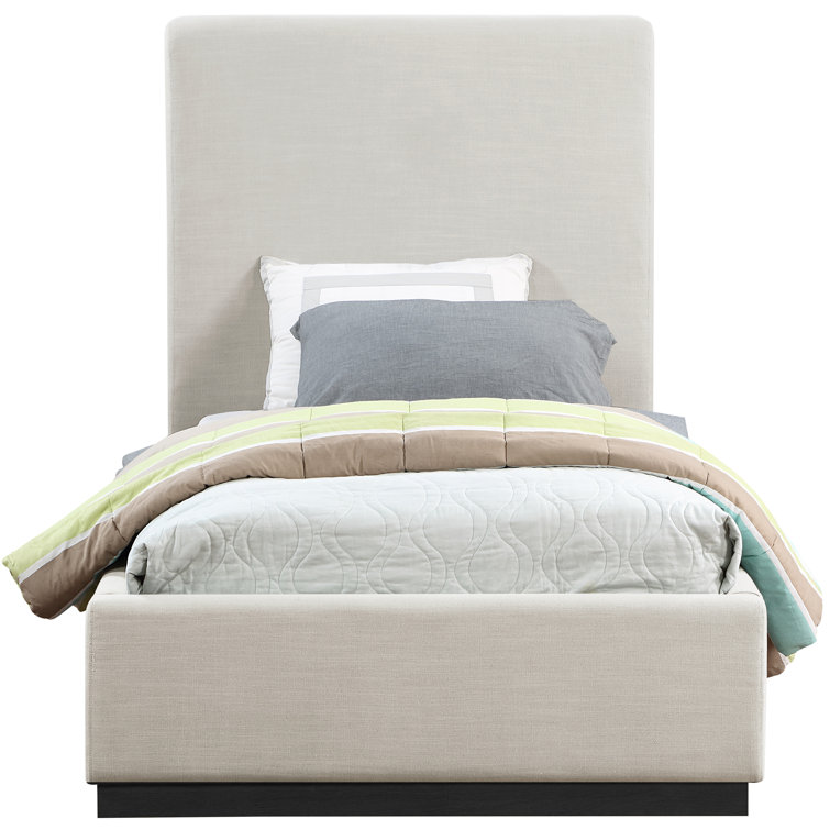 Beige Velvet Twin Upholstered Panel Bed with Headboard