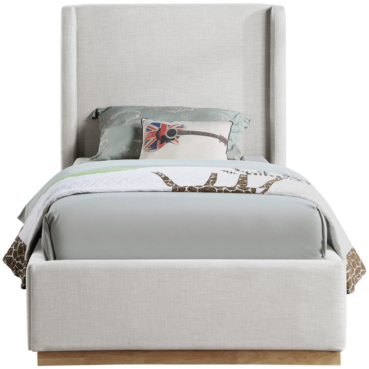 Cream Linen Twin Upholstered Wood Frame Bed with Tall Headboard
