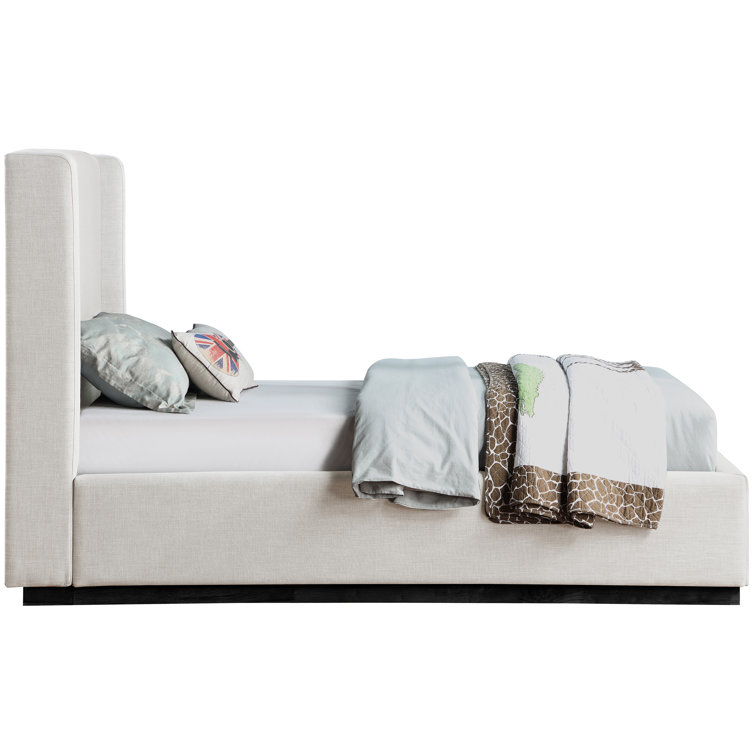 Beige Twin Linen Upholstered Wood Frame Bed with Headboard