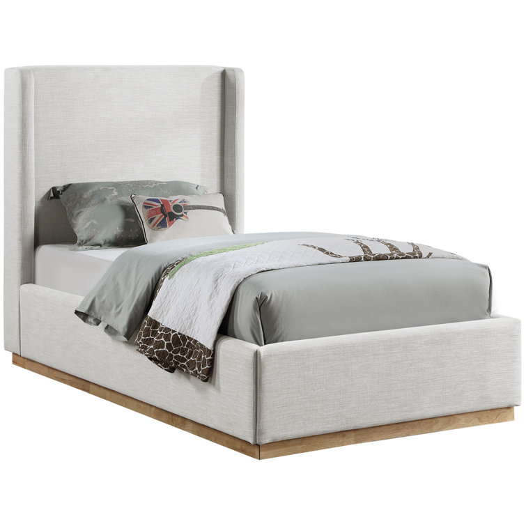 Cream Linen Twin Upholstered Wood Frame Bed with Tall Headboard