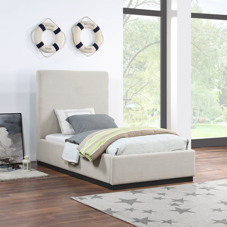 Beige Velvet Twin Upholstered Panel Bed with Headboard