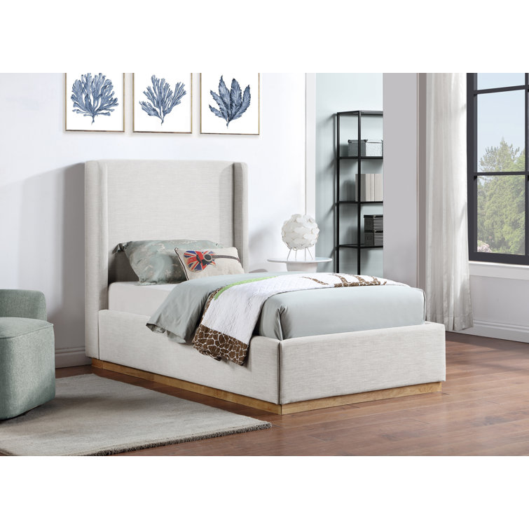 Cream Linen Twin Upholstered Wood Frame Bed with Tall Headboard
