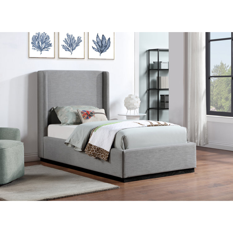 Gray Linen Twin Upholstered Wood Frame Bed with Tall Headboard