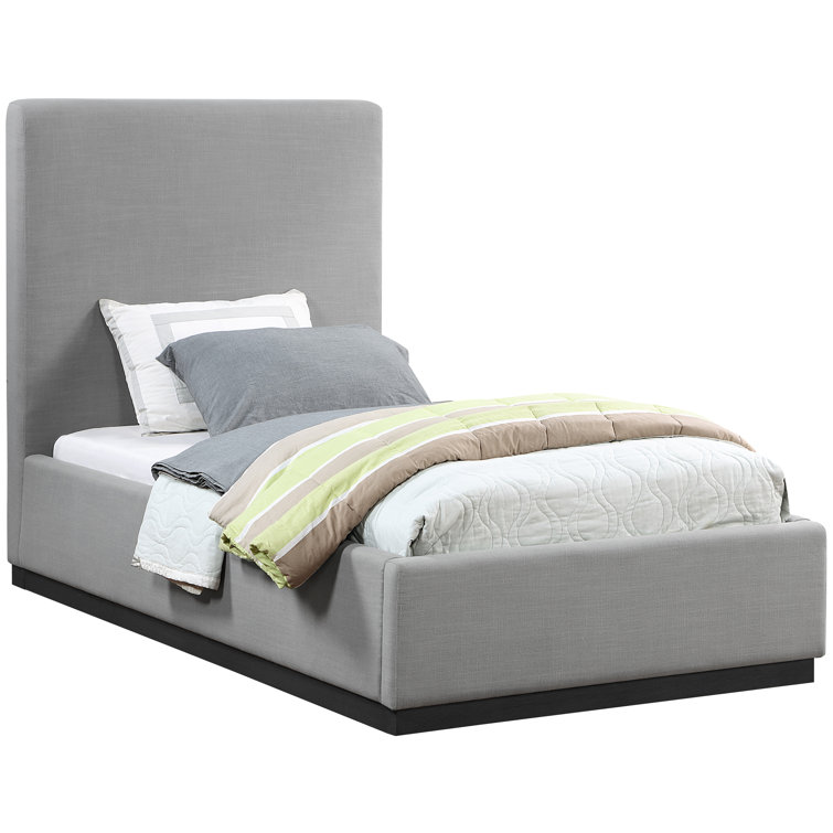 Gray Twin Upholstered Wood Frame Bed with Tall Headboard