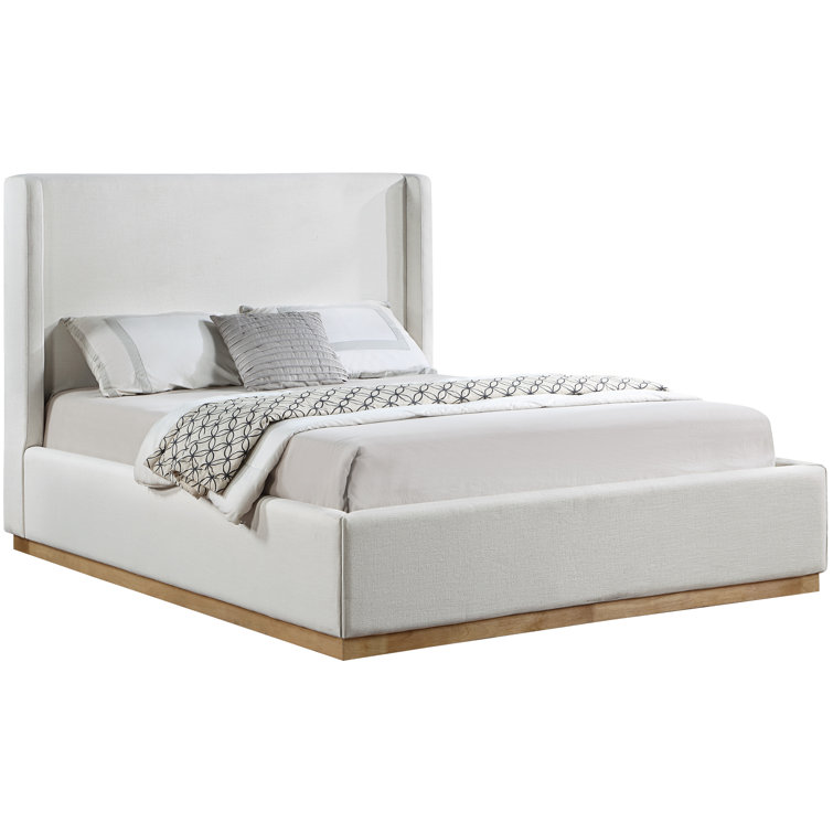 Queen Cream Linen Upholstered Wood Frame Bed with Headboard