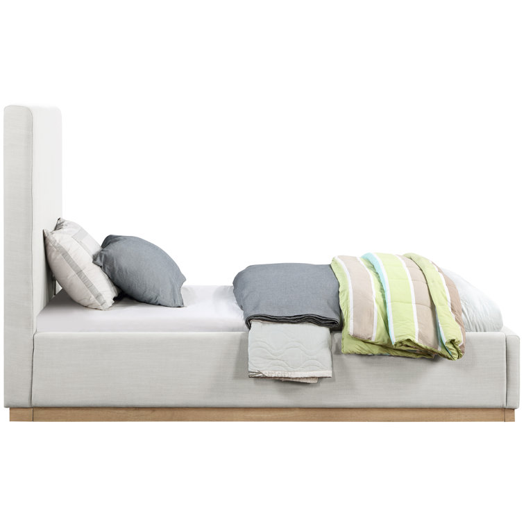 Cream Linen Twin Upholstered Panel Bed with Wood Frame
