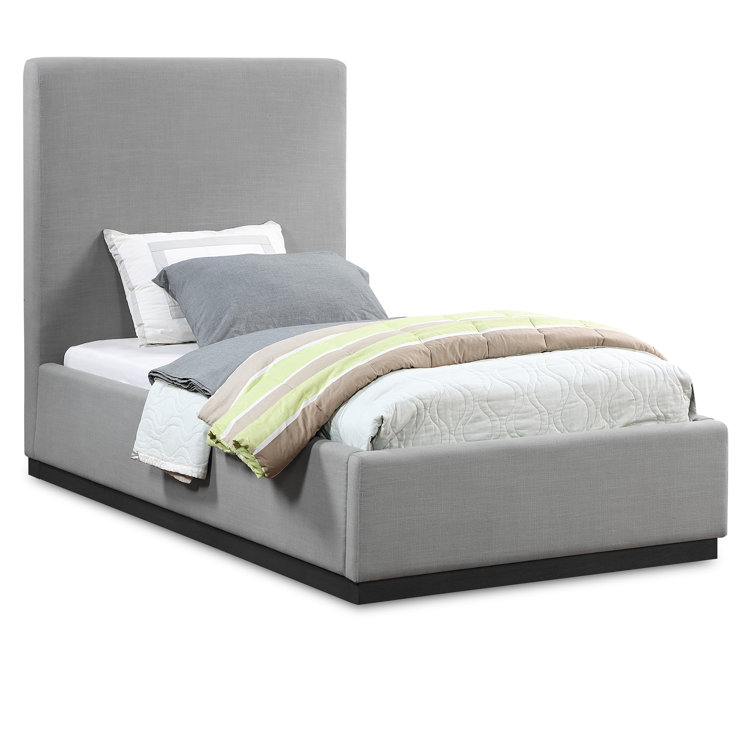 Gray Twin Upholstered Wood Frame Bed with Tall Headboard