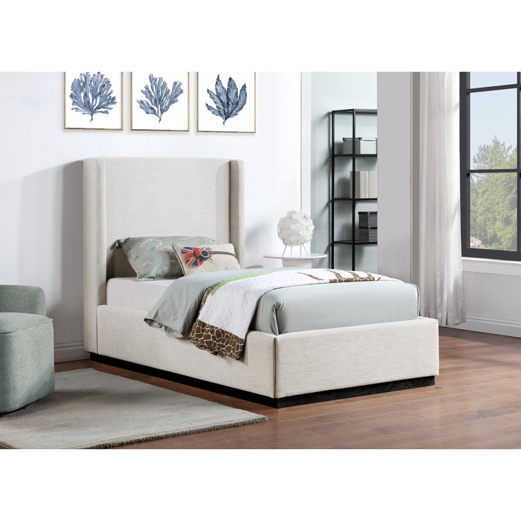 Beige Twin Linen Upholstered Wood Frame Bed with Headboard