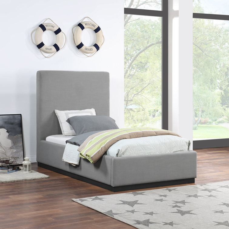 Gray Twin Upholstered Wood Frame Bed with Tall Headboard