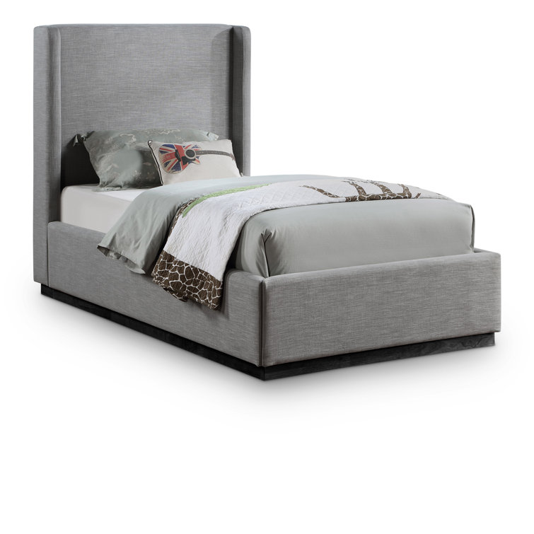 Gray Linen Twin Upholstered Wood Frame Bed with Tall Headboard