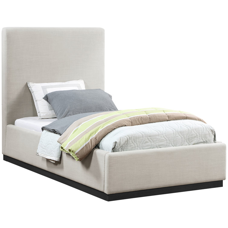 Beige Velvet Twin Upholstered Panel Bed with Headboard