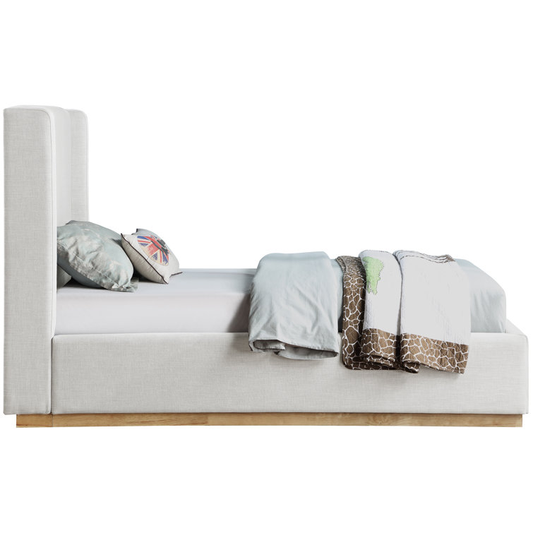 Cream Linen Twin Upholstered Wood Frame Bed with Tall Headboard