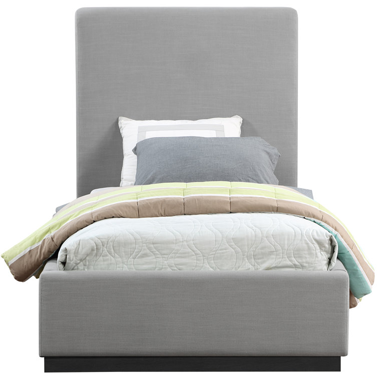 Gray Twin Upholstered Wood Frame Bed with Tall Headboard