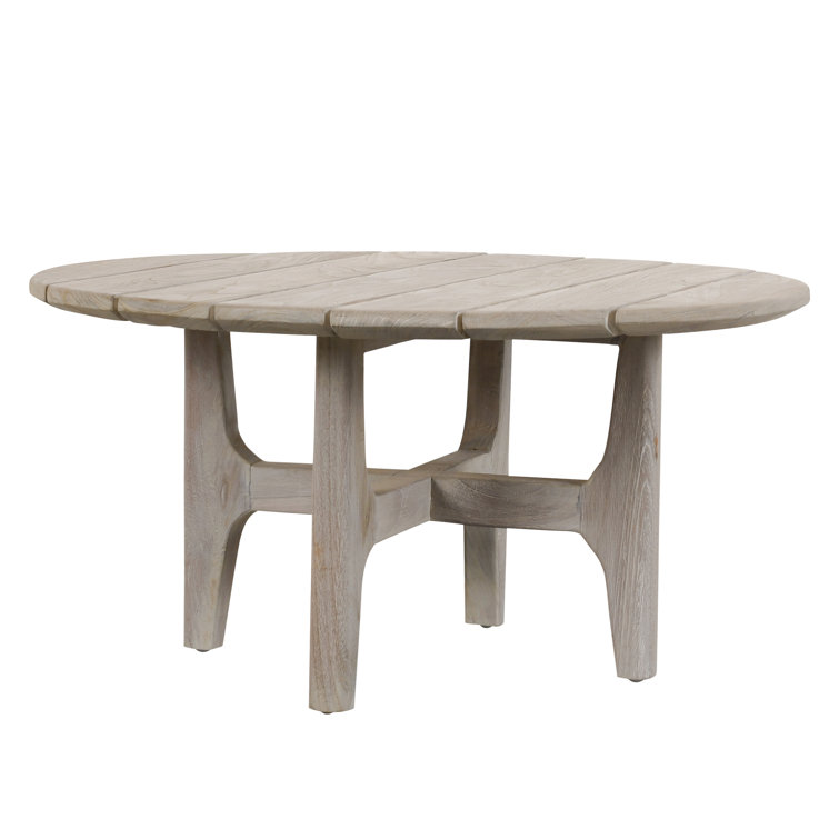 Gray Teak Wood Round Coffee Table with Sculpted Cross Base