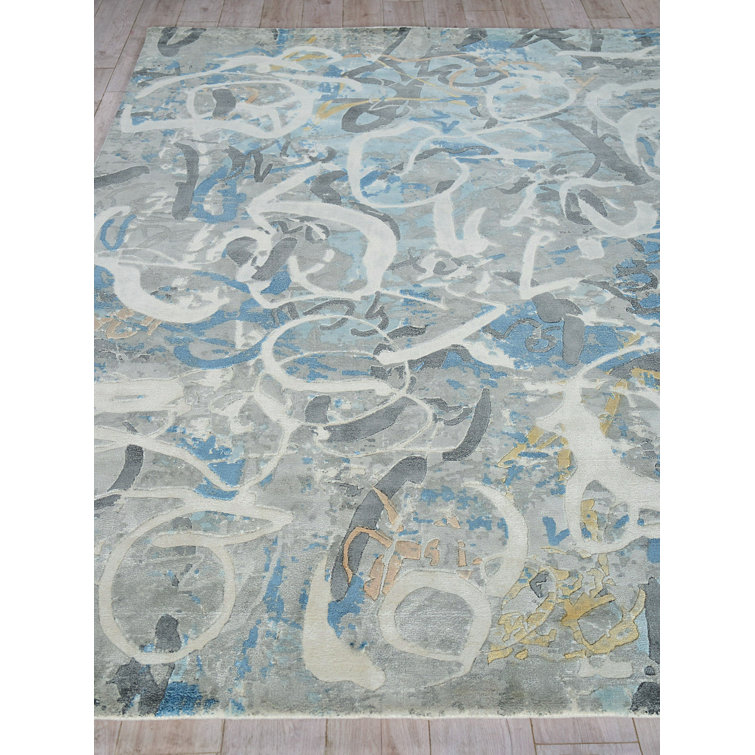 Handmade Blue and Gray Wool Viscose 10' x 14' Rug