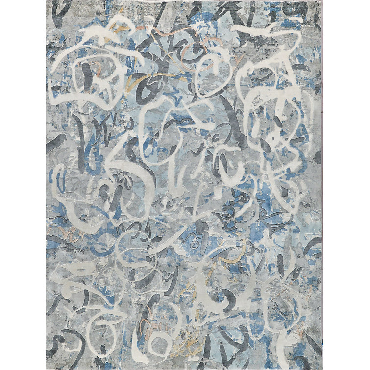 Handmade Blue and Gray Wool Viscose 10' x 14' Rug