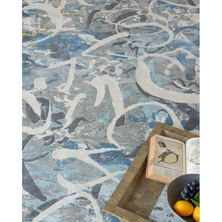 Handmade Blue and Gray Wool Viscose 10' x 14' Rug
