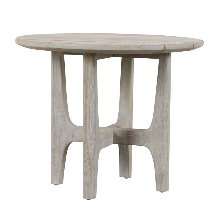 Gray Teak Wood Round Coffee Table with Sculpted Cross Base