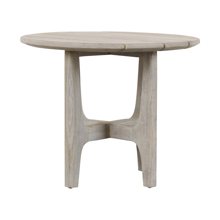 Gray Teak Wood Round Coffee Table with Sculpted Cross Base