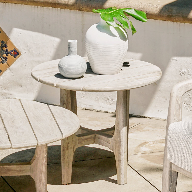 Gray Teak Wood Round Coffee Table with Sculpted Cross Base