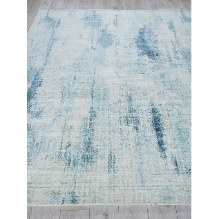 Blue and Ivory Abstract Handmade Wool Viscose 10' x 14' Rug