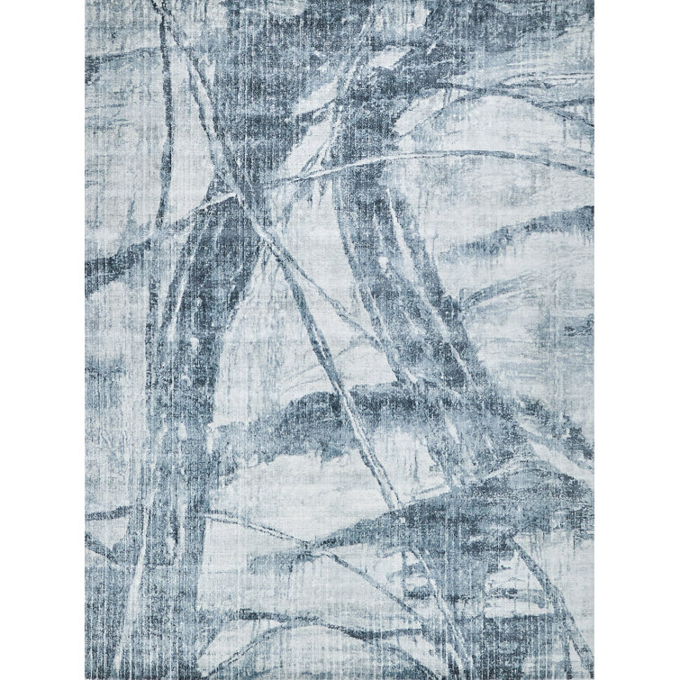 Handmade Blue and Silver Abstract Wool Viscose 10' x 14' Rug