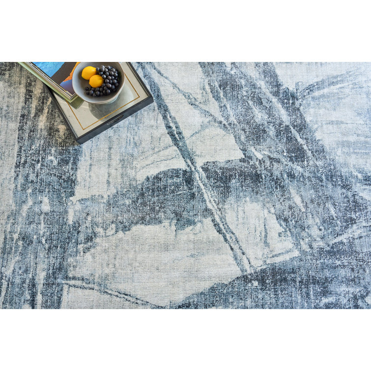 Handmade Blue and Silver Abstract Wool Viscose 10' x 14' Rug