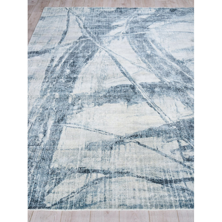 Handmade Blue and Silver Abstract Wool Viscose 10' x 14' Rug