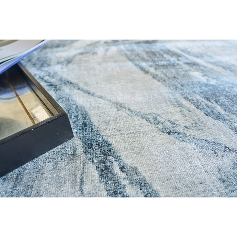 Handmade Blue and Silver Abstract Wool Viscose 10' x 14' Rug