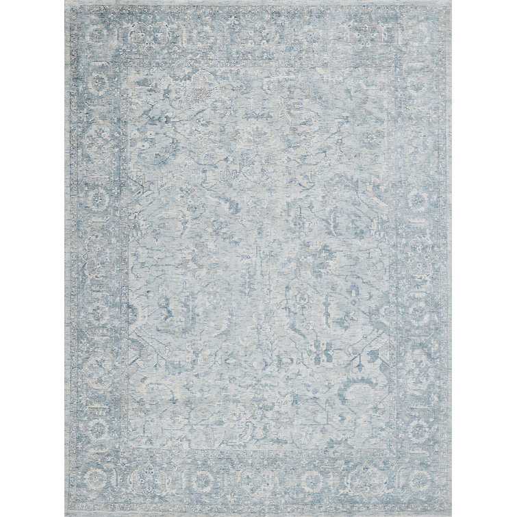 Handmade Ivory and Blue Wool Viscose Rectangular Rug 9' x 12'