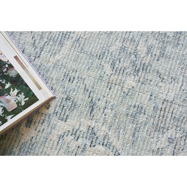 Handmade Ivory and Blue Wool Viscose Rectangular Rug 9' x 12'