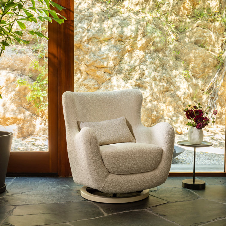 Ivory Boucle Modern Swivel Glider with Curved Back