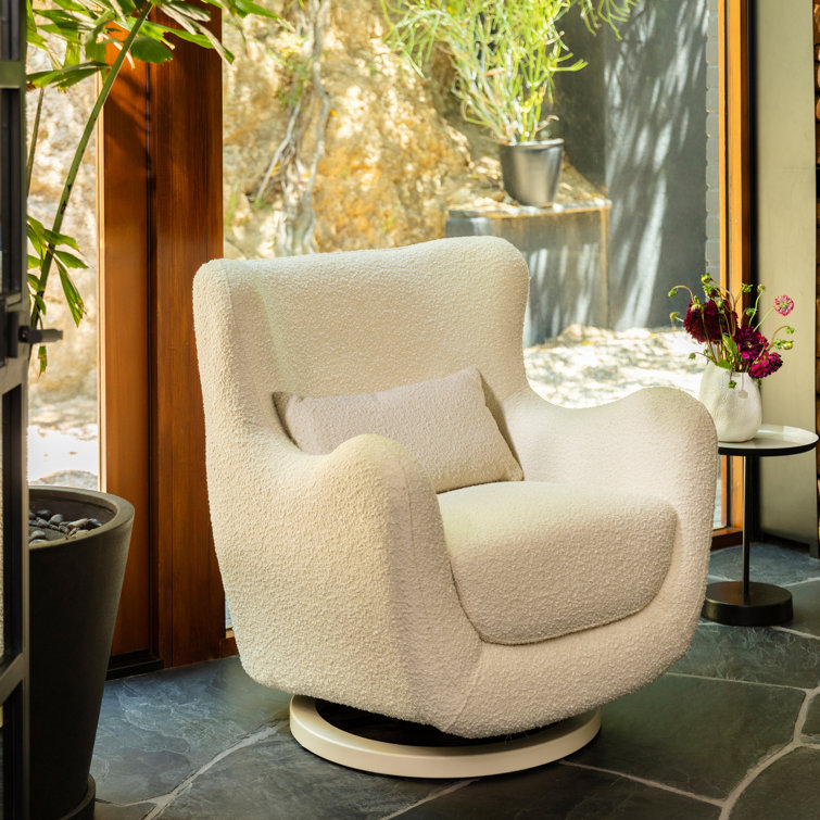 Ivory Boucle Modern Swivel Glider with Curved Back