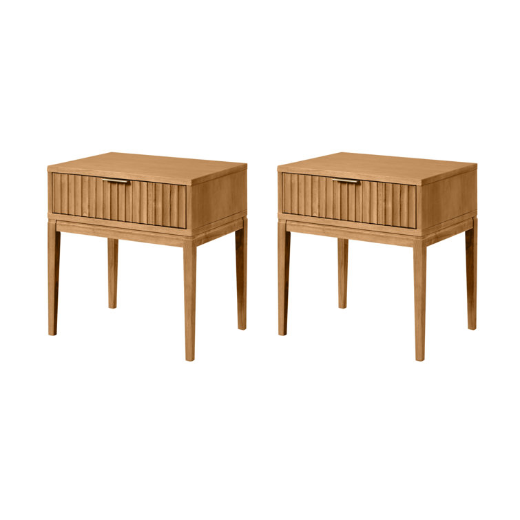 Natural Brown Fluted Wood Nightstand Set with Brass Handles