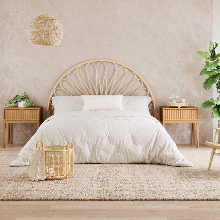 Natural Brown Fluted Wood Nightstand Set with Brass Handles