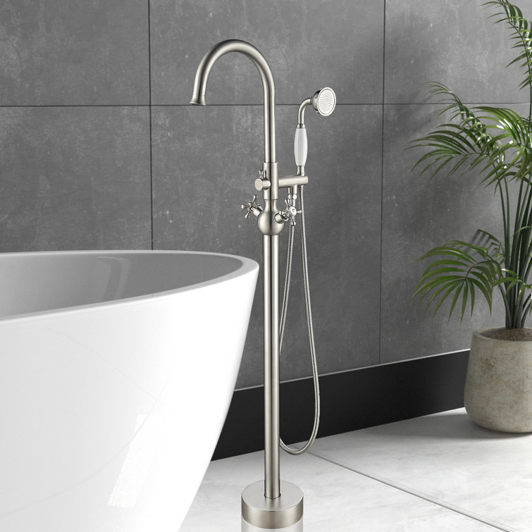 Brushed Nickel Freestanding Tub Filler with Handheld Shower